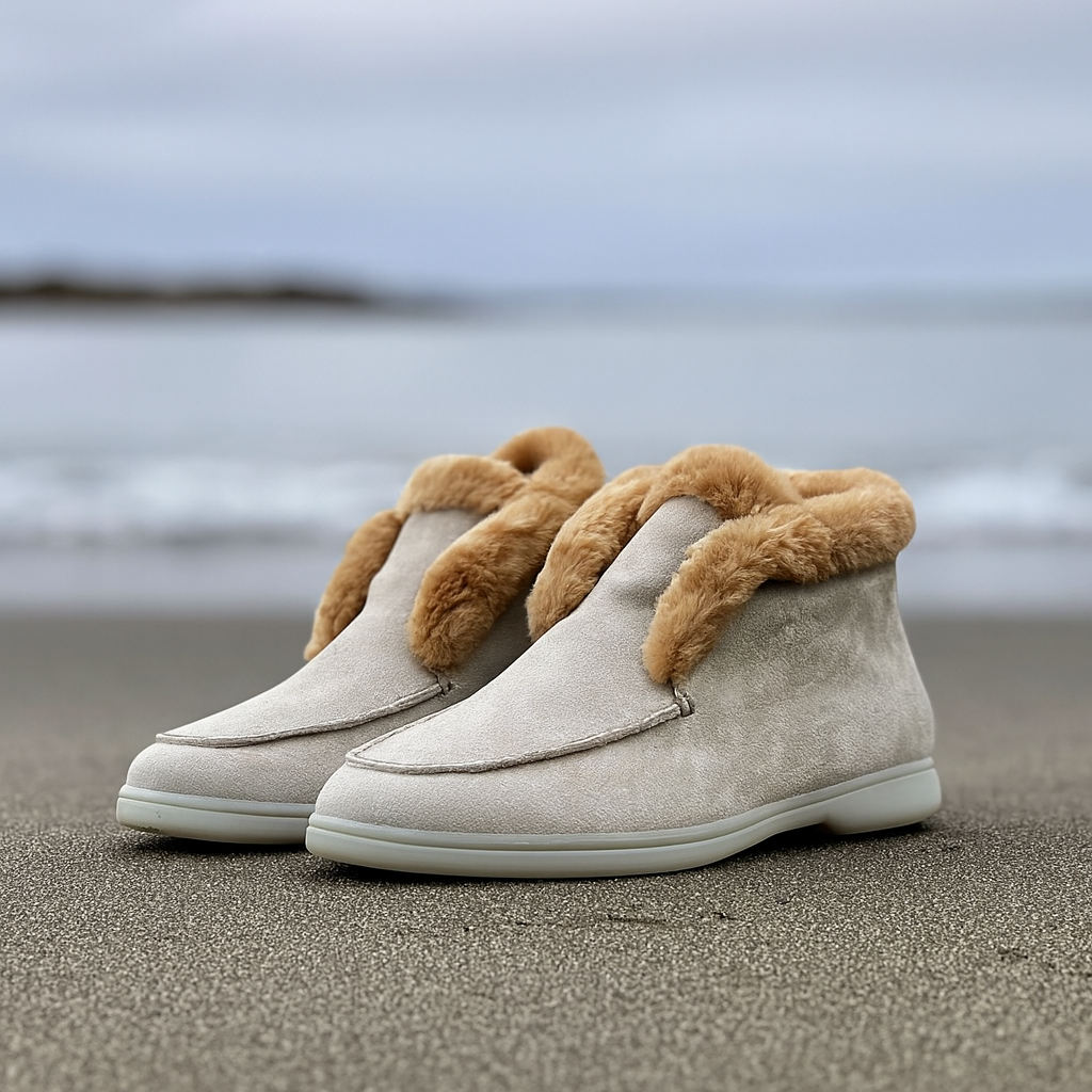 Suede Loafer Boots with Shearling Lining, Moc Toe Slip-On Design and Cushioned Sole
