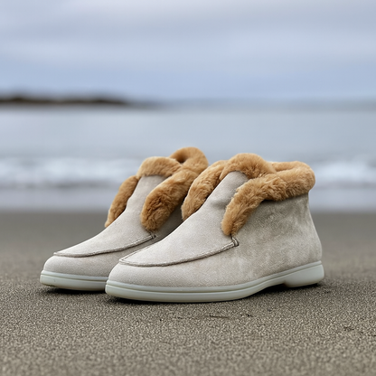 Suede Loafer Boots with Shearling Lining, Moc Toe Slip-On Design and Cushioned Sole