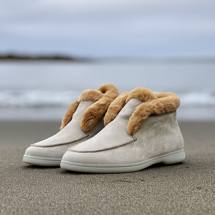 Suede Loafer Boots with Shearling Lining, Moc Toe Slip-On Design and Cushioned Sole