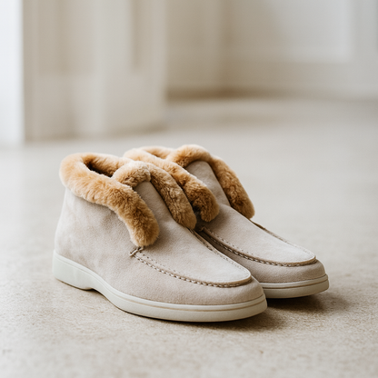 Suede Loafer Boots with Shearling Lining, Moc Toe Slip-On Design and Cushioned Sole