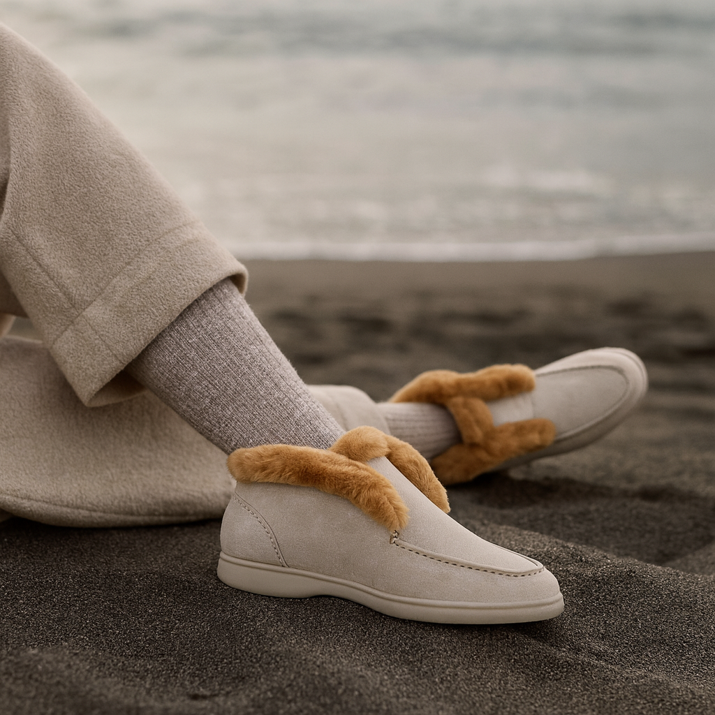 Suede Loafer Boots with Shearling Lining, Moc Toe Slip-On Design and Cushioned Sole