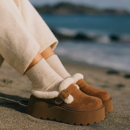Suede Platform Clogs with Shearling Lining, Adjustable Buckle Strap and Cushioned Sole