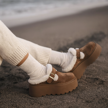 Suede Platform Clogs with Shearling Lining, Adjustable Buckle Strap and Cushioned Sole