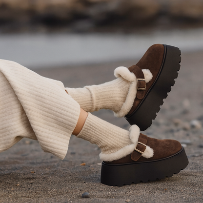 Suede Platform Clogs with Shearling Lining, Adjustable Buckle Strap and Cushioned Sole