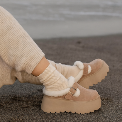 Suede Platform Clogs with Shearling Lining, Adjustable Buckle Strap and Cushioned Sole