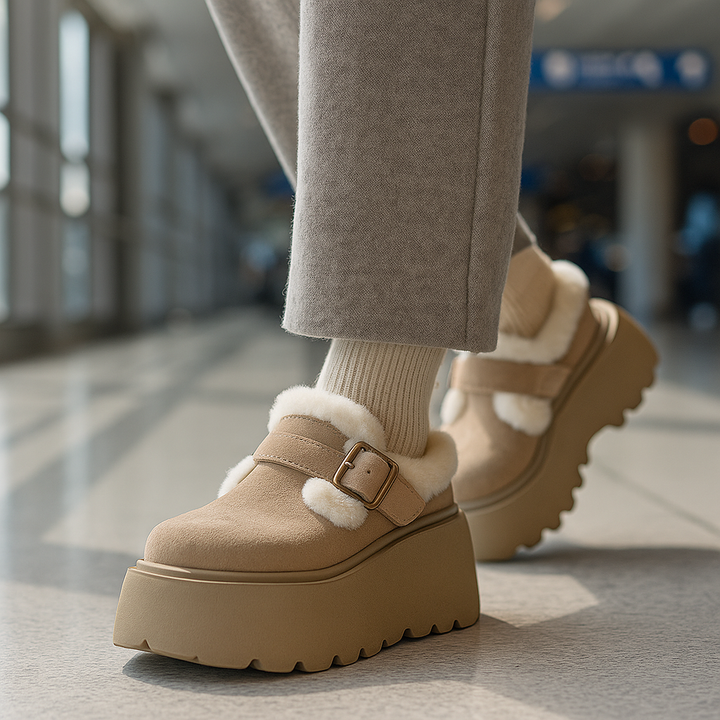 Suede Platform Clogs with Shearling Lining, Adjustable Buckle Strap and Cushioned Sole