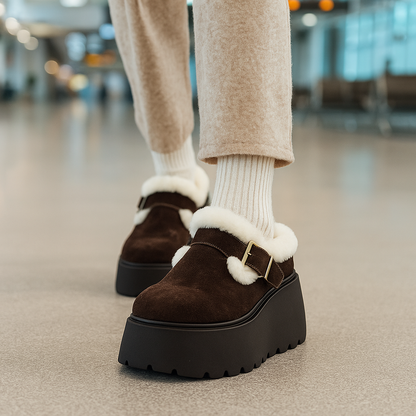 Suede Platform Clogs with Shearling Lining, Adjustable Buckle Strap and Cushioned Sole