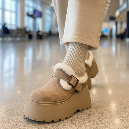 Suede Platform Clogs with Shearling Lining, Adjustable Buckle Strap and Cushioned Sole
