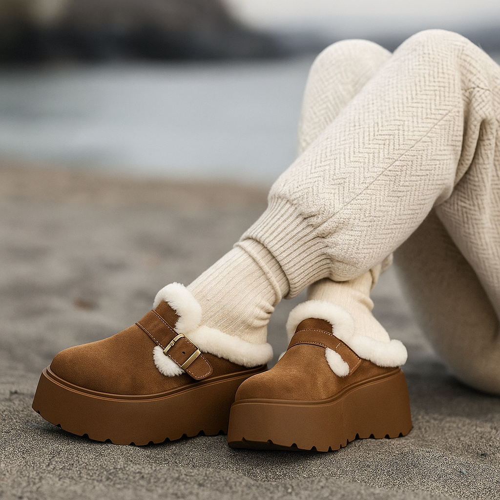 Suede Platform Clogs with Shearling Lining, Adjustable Buckle Strap and Cushioned Sole