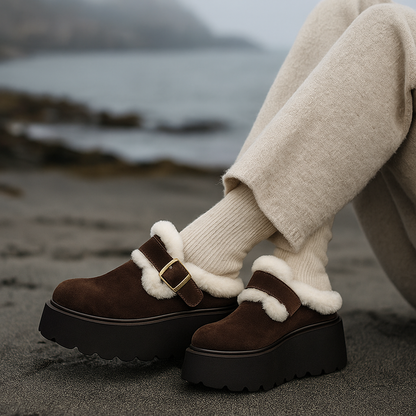 Suede Platform Clogs with Shearling Lining, Adjustable Buckle Strap and Cushioned Sole