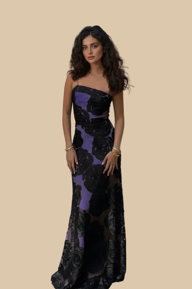 Women's Floral Maxi Dress – Satin Drape, Asymmetric Sling Shoulder