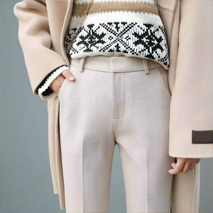 Trousers in Wool Blend, Straight-Leg High-Waist Fit, Non-Stretch, Camel