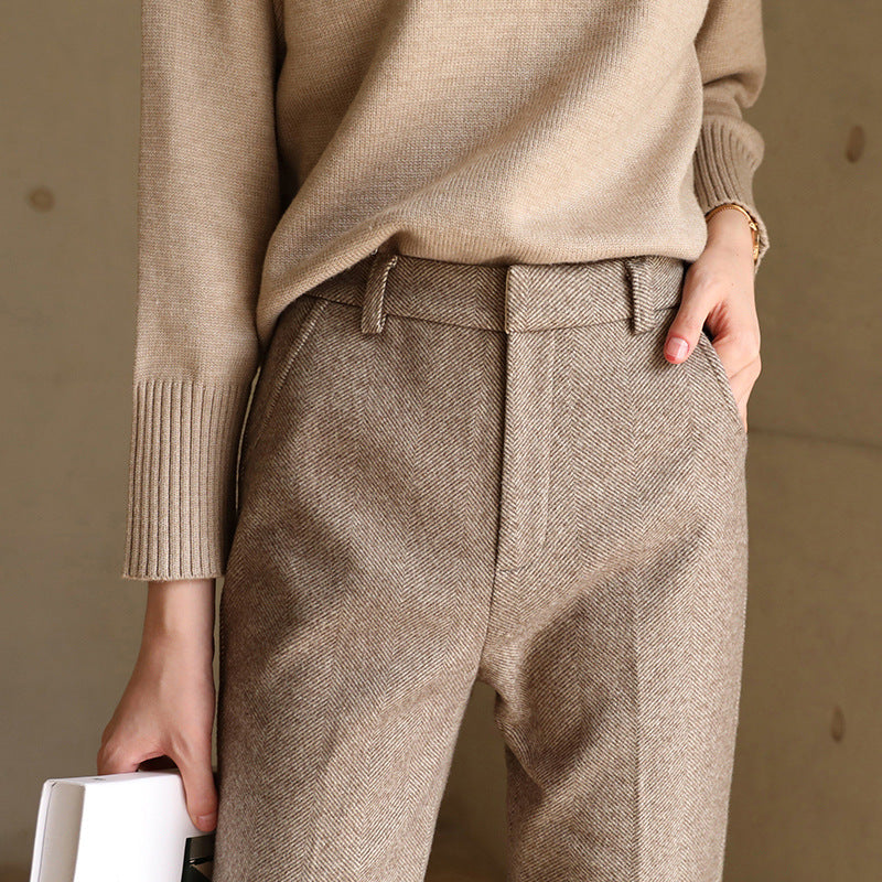 Trousers in Wool Blend, Straight-Leg High-Waist Fit, Non-Stretch, Camel