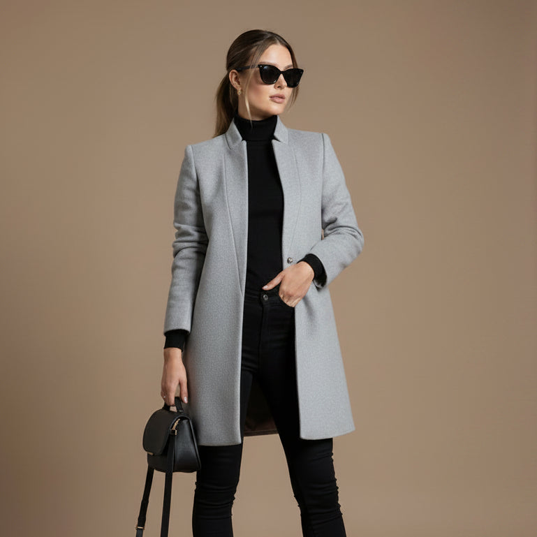 Women's Stand Collar Woolen Look Coat – Slim Cardigan Style