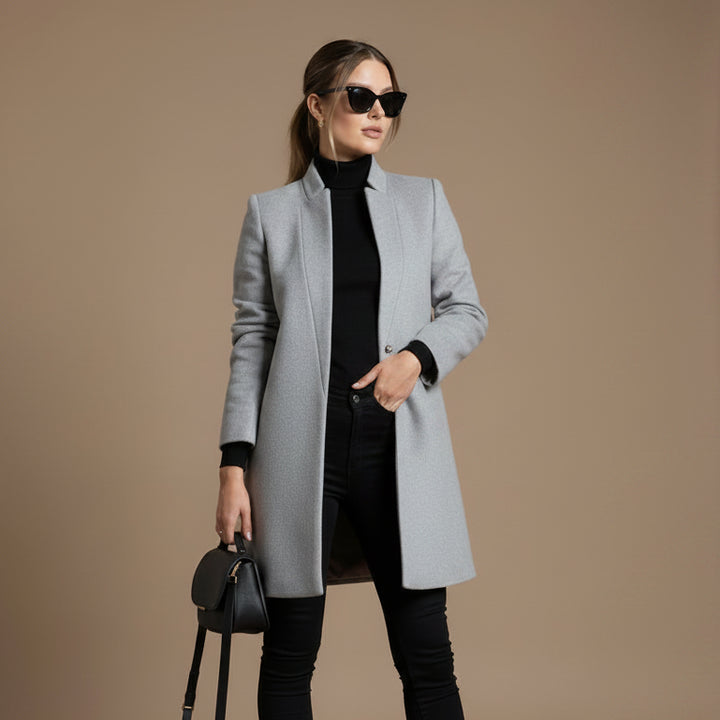 Women's Stand Collar Woolen Look Coat – Slim Cardigan Style