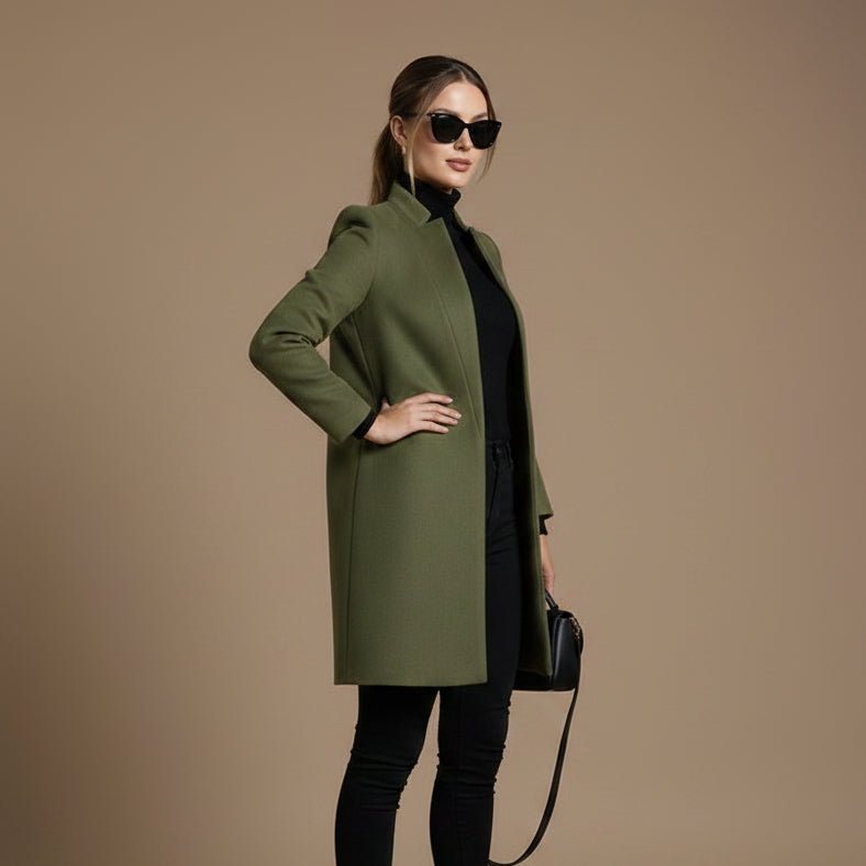 Women's Stand Collar Woolen Look Coat – Slim Cardigan Style