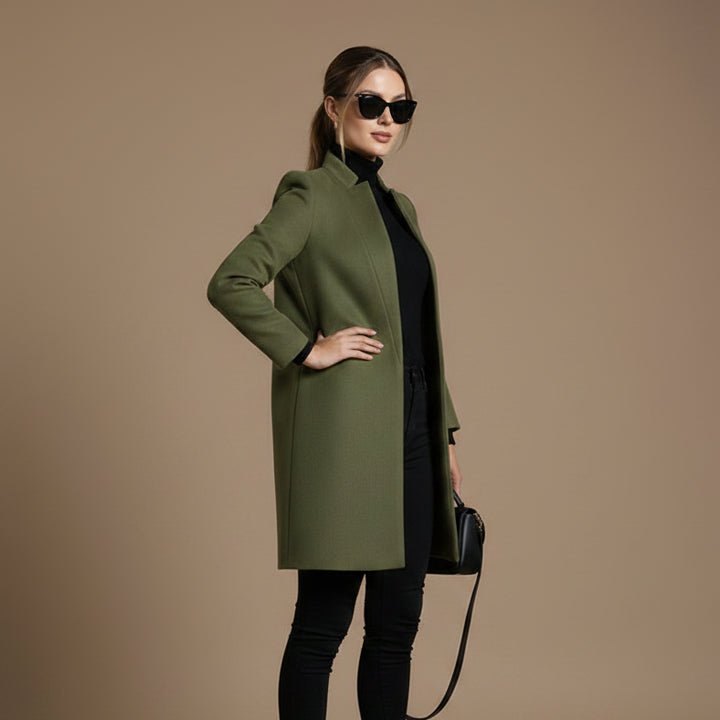 Women's Stand Collar Woolen Look Coat – Slim Cardigan Style