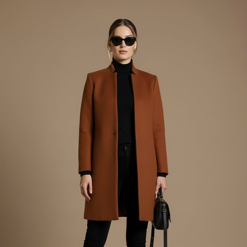 Women's Stand Collar Woolen Look Coat – Slim Cardigan Style