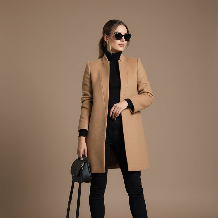Women's Stand Collar Woolen Look Coat – Slim Cardigan Style