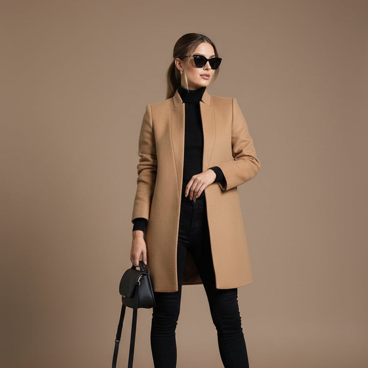 Women's Stand Collar Woolen Look Coat – Slim Cardigan Style