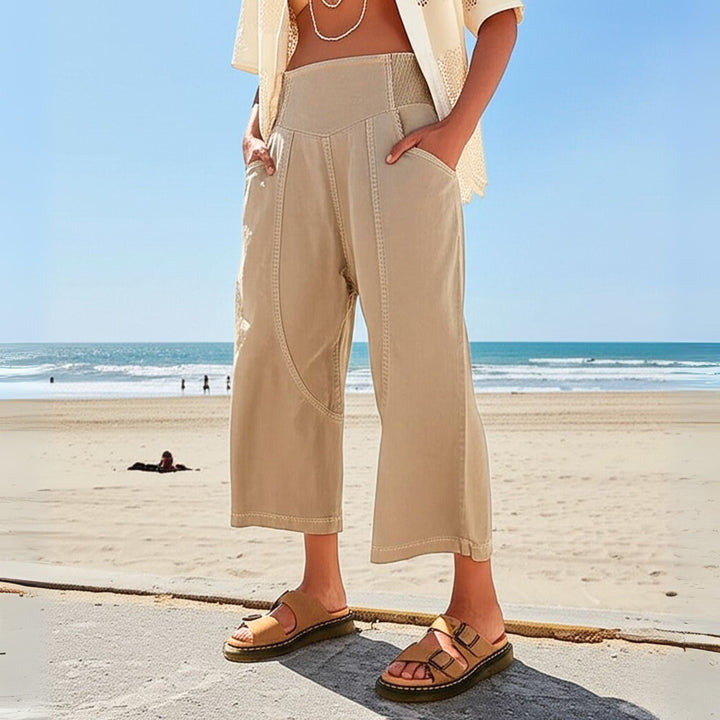 Wide Leg Harem Pants in Cotton-Linen Blend with Washed Denim Look and Curved Seam Design