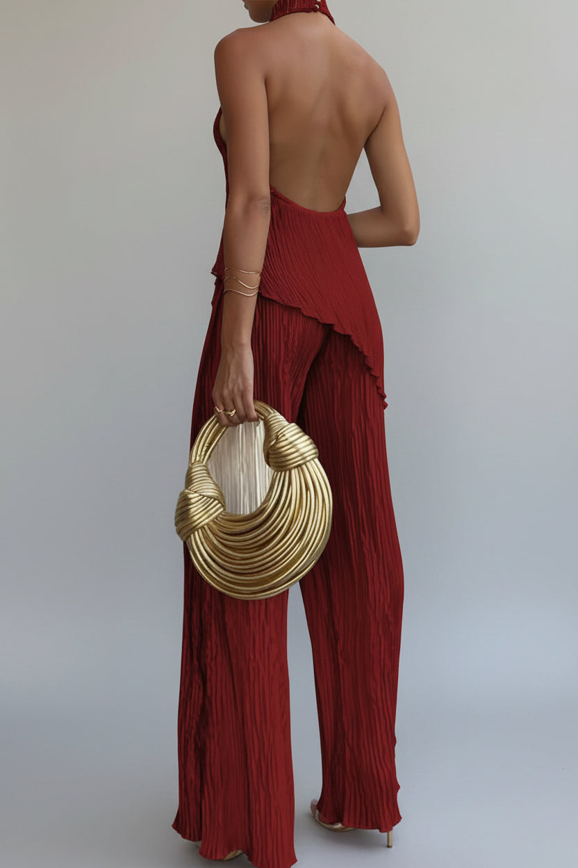 Women's Asymmetrical Off Shoulder Set – Pleated Elastic Waist Trousers