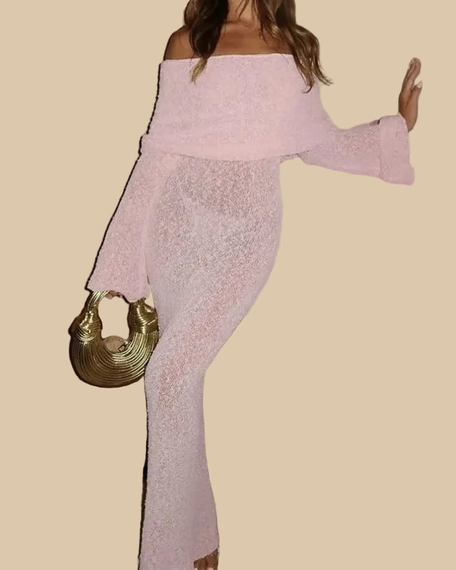 Off-Shoulder Maxi Dress in Lightweight Fabric – Big Lapel, Long Sleeve