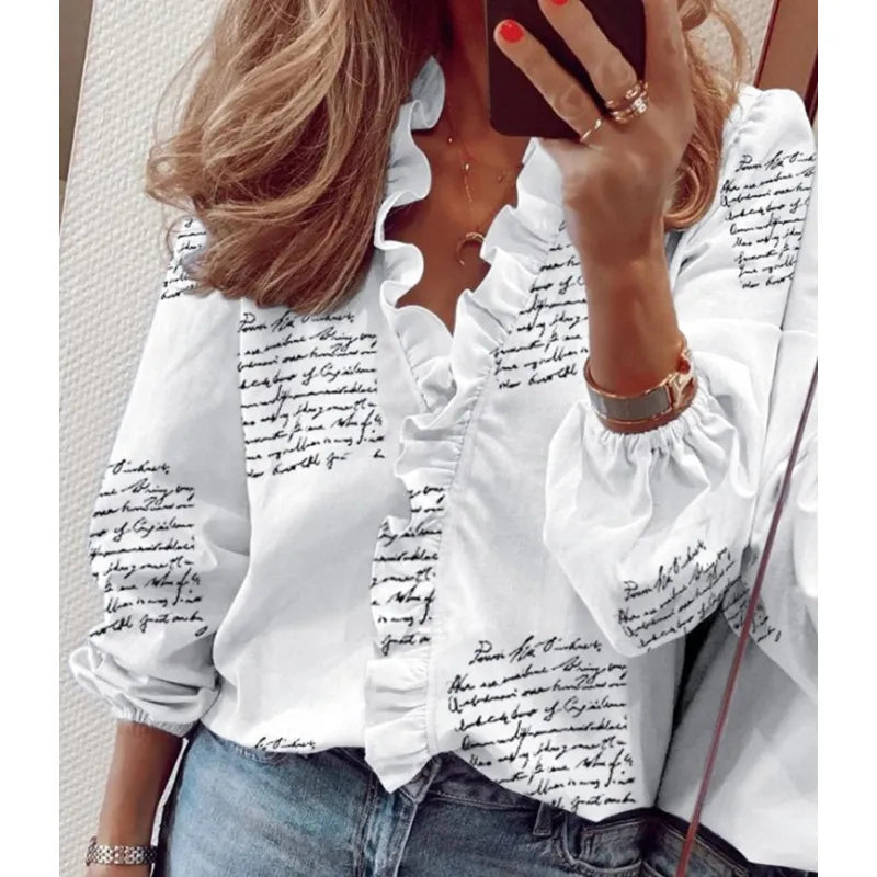 Women's Printed V-Neck Long Sleeve Blouse – Soft Stretch Drape
