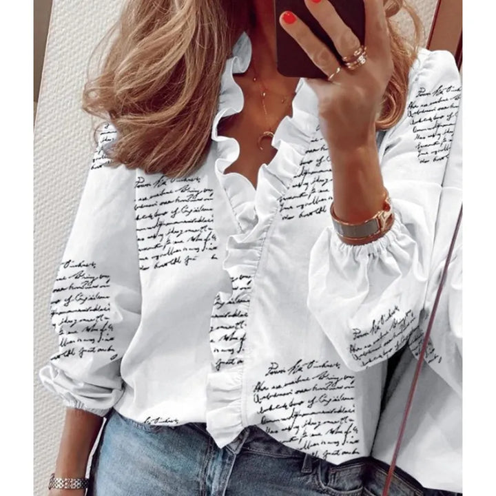 Women's Printed V-Neck Long Sleeve Blouse – Soft Stretch Drape