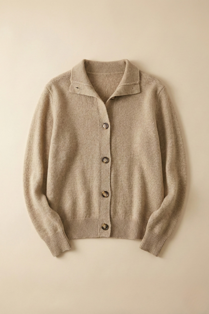 Cardigan in Cashmere Wool Blend with Statement Buttons and Flattering Half-High Neckline