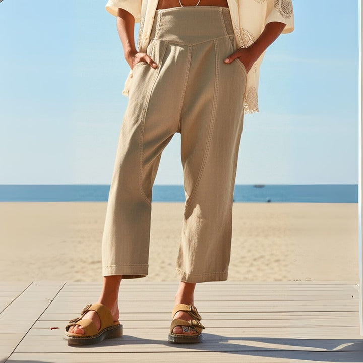 Wide Leg Harem Pants in Cotton-Linen Blend with Washed Denim Look and Curved Seam Design