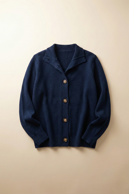 Cardigan in Cashmere Wool Blend with Statement Buttons and Flattering Half-High Neckline