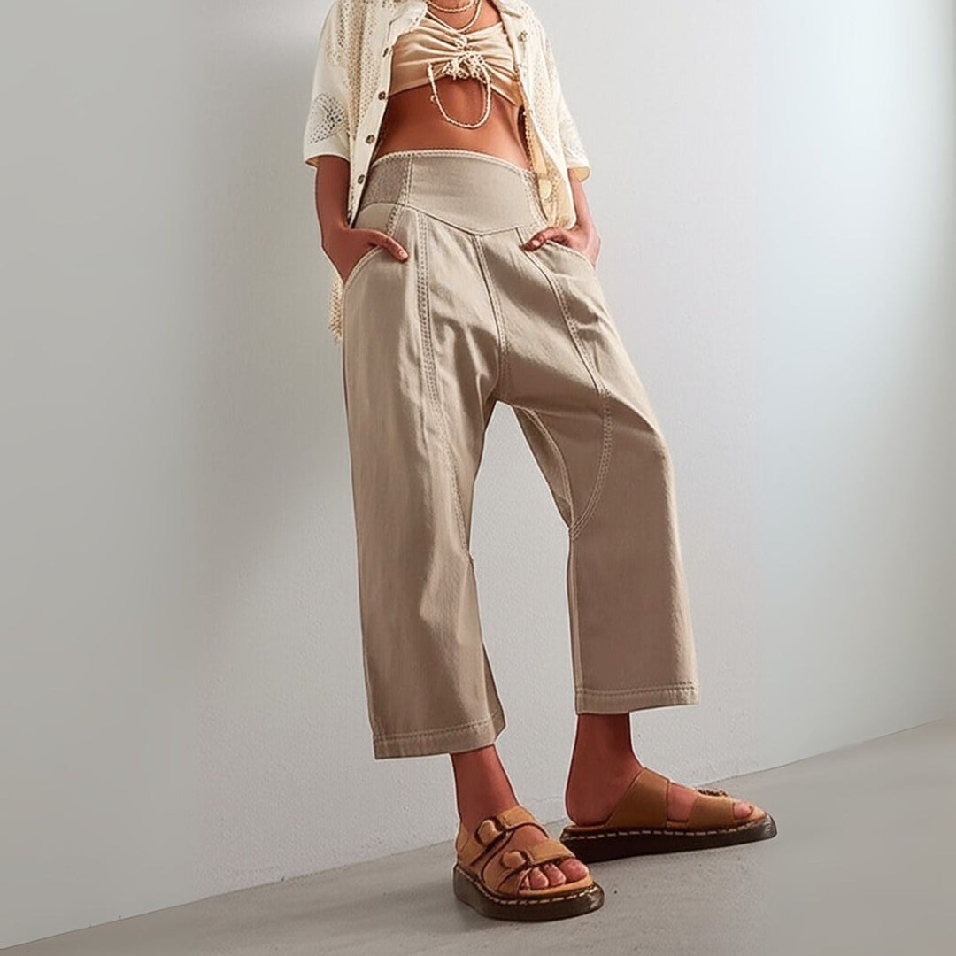 Wide Leg Harem Pants in Cotton-Linen Blend with Washed Denim Look and Curved Seam Design