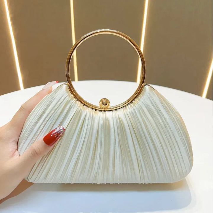 Evening Clutch Bag for Women – Satin Pleated Purse with Ring Handle
