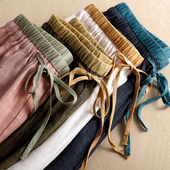 Linen Trousers in Soft Pink with High-Stretch Waist and Relaxed Tapered Fit