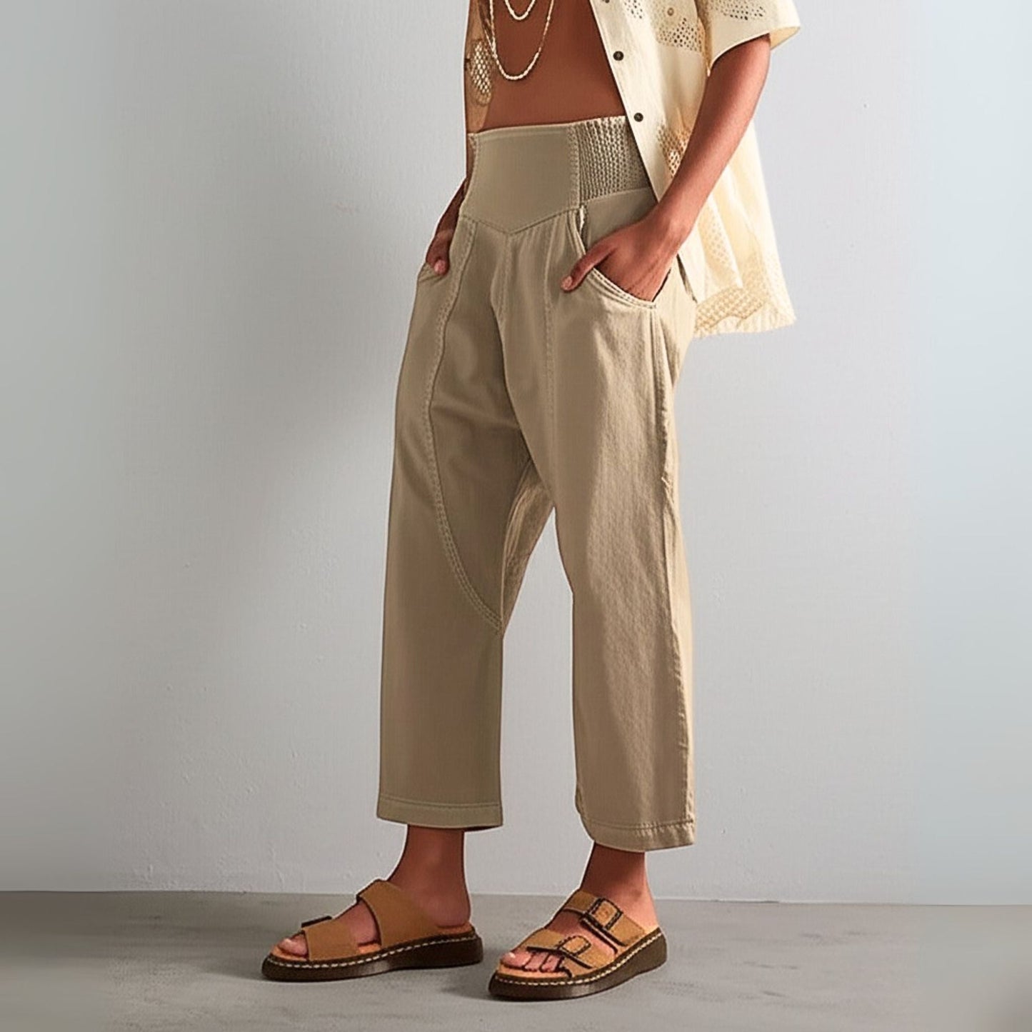 Wide Leg Harem Pants in Cotton-Linen Blend with Washed Denim Look and Curved Seam Design