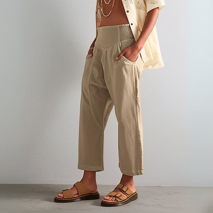 Wide Leg Harem Pants in Cotton-Linen Blend with Washed Denim Look and Curved Seam Design