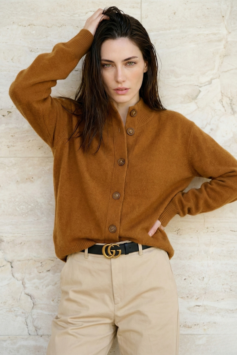 Cardigan in Cashmere Wool Blend with Statement Buttons and Flattering Half-High Neckline