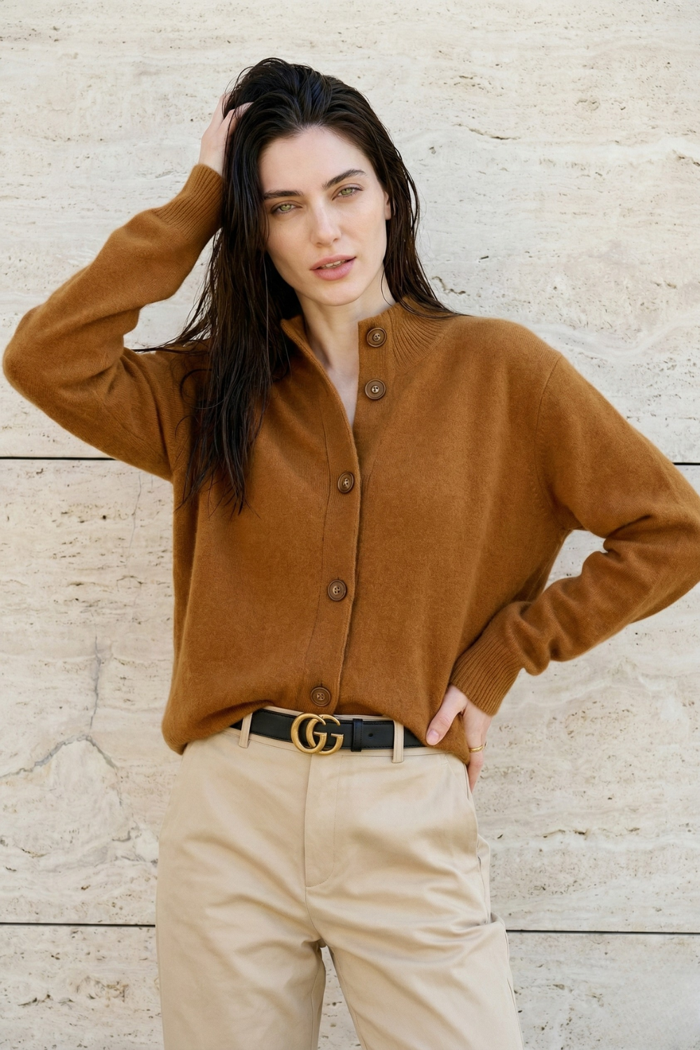 Cardigan in Cashmere Wool Blend with Statement Buttons and Flattering Half-High Neckline