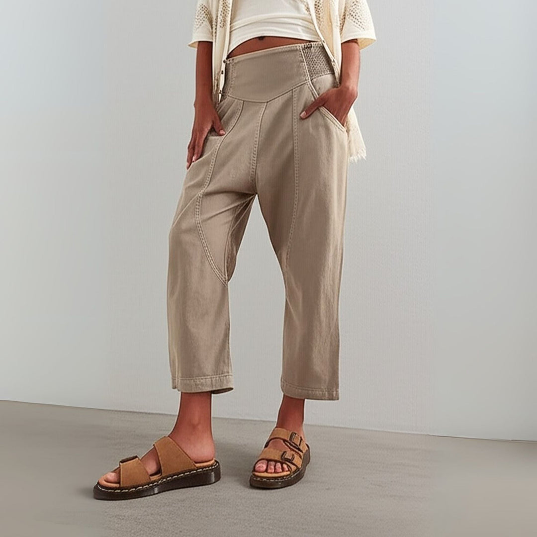 Wide Leg Harem Pants in Cotton-Linen Blend with Washed Denim Look and Curved Seam Design