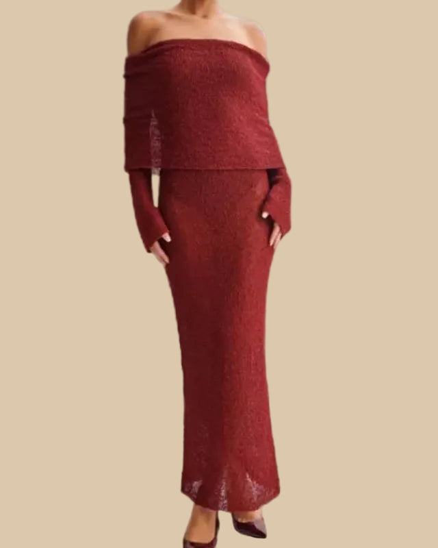 Off-Shoulder Maxi Dress in Lightweight Fabric – Big Lapel, Long Sleeve