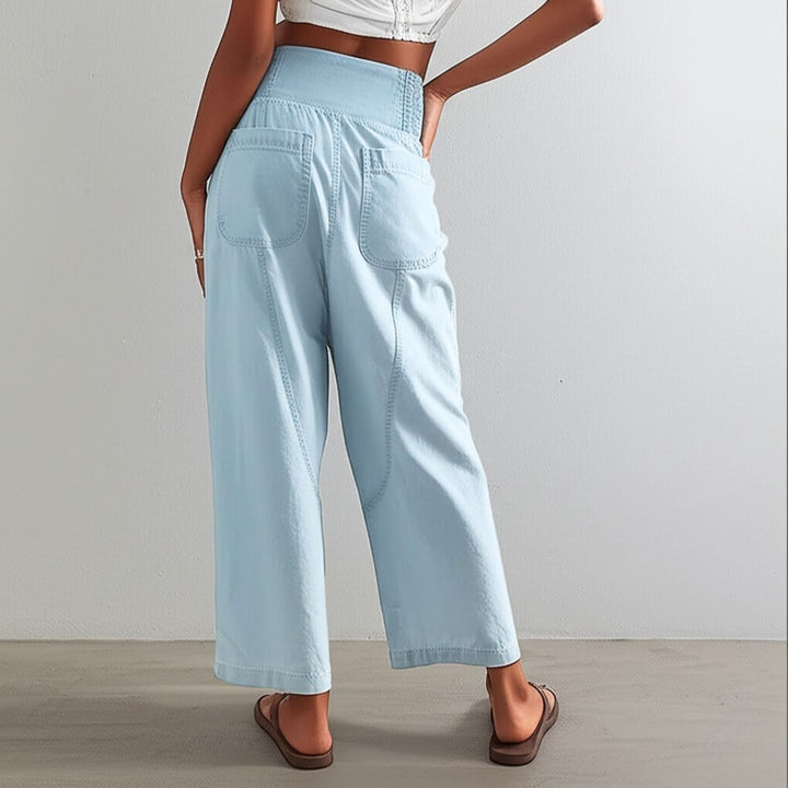 Wide Leg Harem Pants in Cotton-Linen Blend with Washed Denim Look and Curved Seam Design