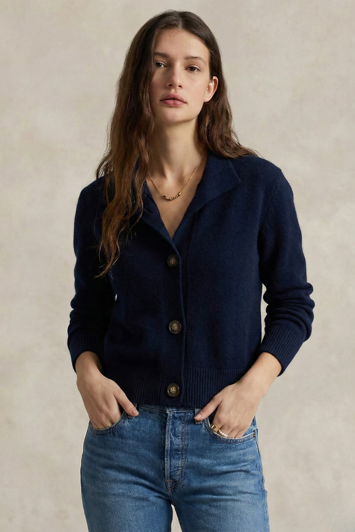 Cardigan in Cashmere Wool Blend with Statement Buttons and Flattering Half-High Neckline