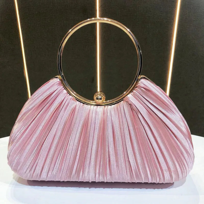 Evening Clutch Bag for Women – Satin Pleated Purse with Ring Handle