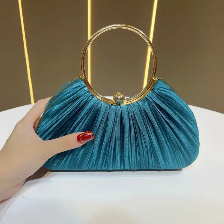 Evening Clutch Bag for Women – Satin Pleated Purse with Ring Handle