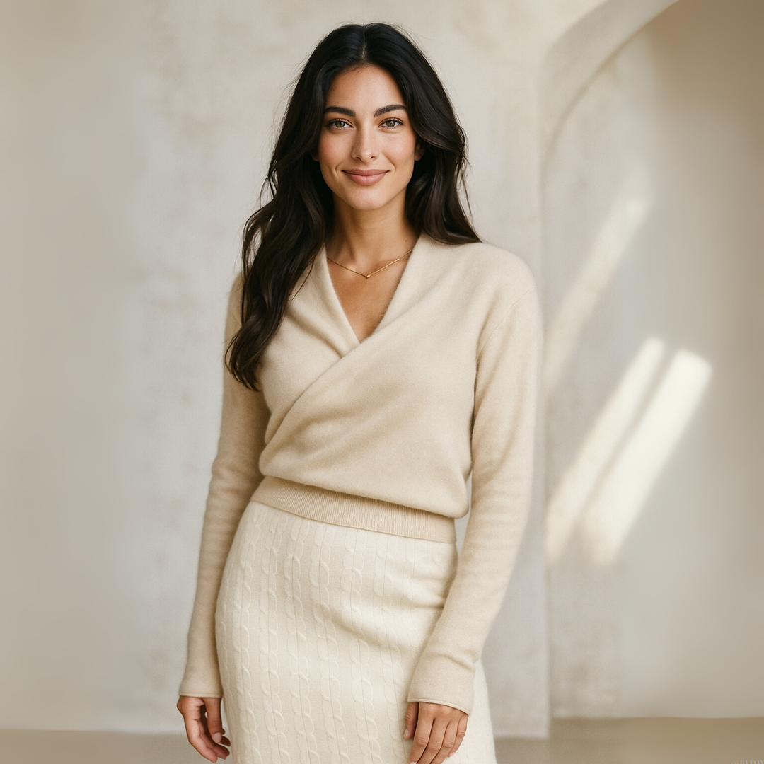 Cashmere Crossover Collar Sweater with Relaxed Standard Fit in Soft Pink