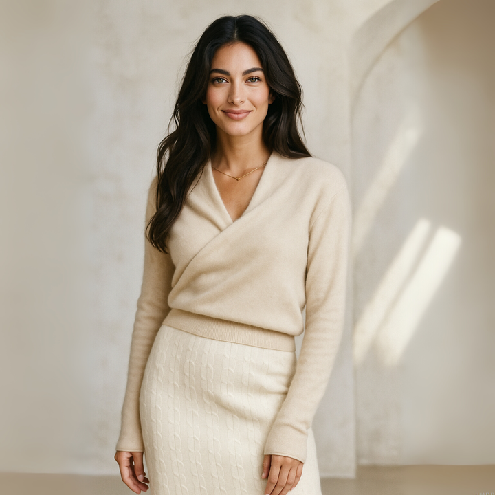Cashmere Crossover Collar Sweater with Relaxed Standard Fit in Soft Pink