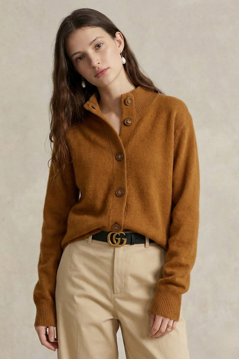 Cardigan in Cashmere Wool Blend with Statement Buttons and Flattering Half-High Neckline