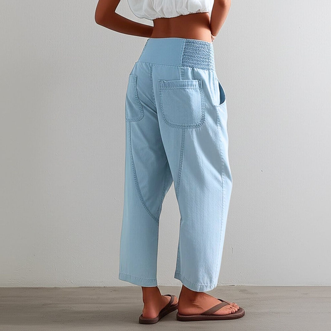 Wide Leg Harem Pants in Cotton-Linen Blend with Washed Denim Look and Curved Seam Design