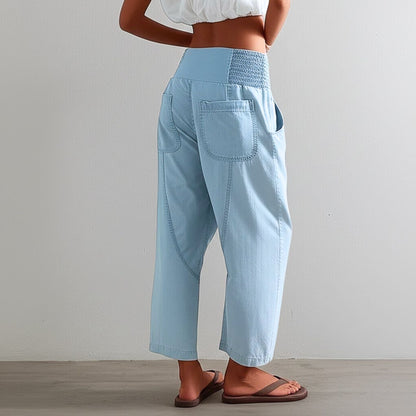 Wide Leg Harem Pants in Cotton-Linen Blend with Washed Denim Look and Curved Seam Design